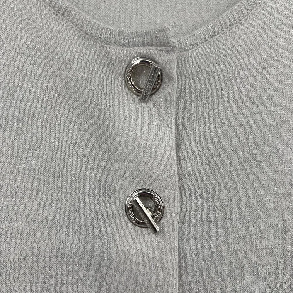 Metallic Cropped Sweater Large Calvin Klein Silver Knit Cardigan Toggle Buttons - Picture 3 of 7